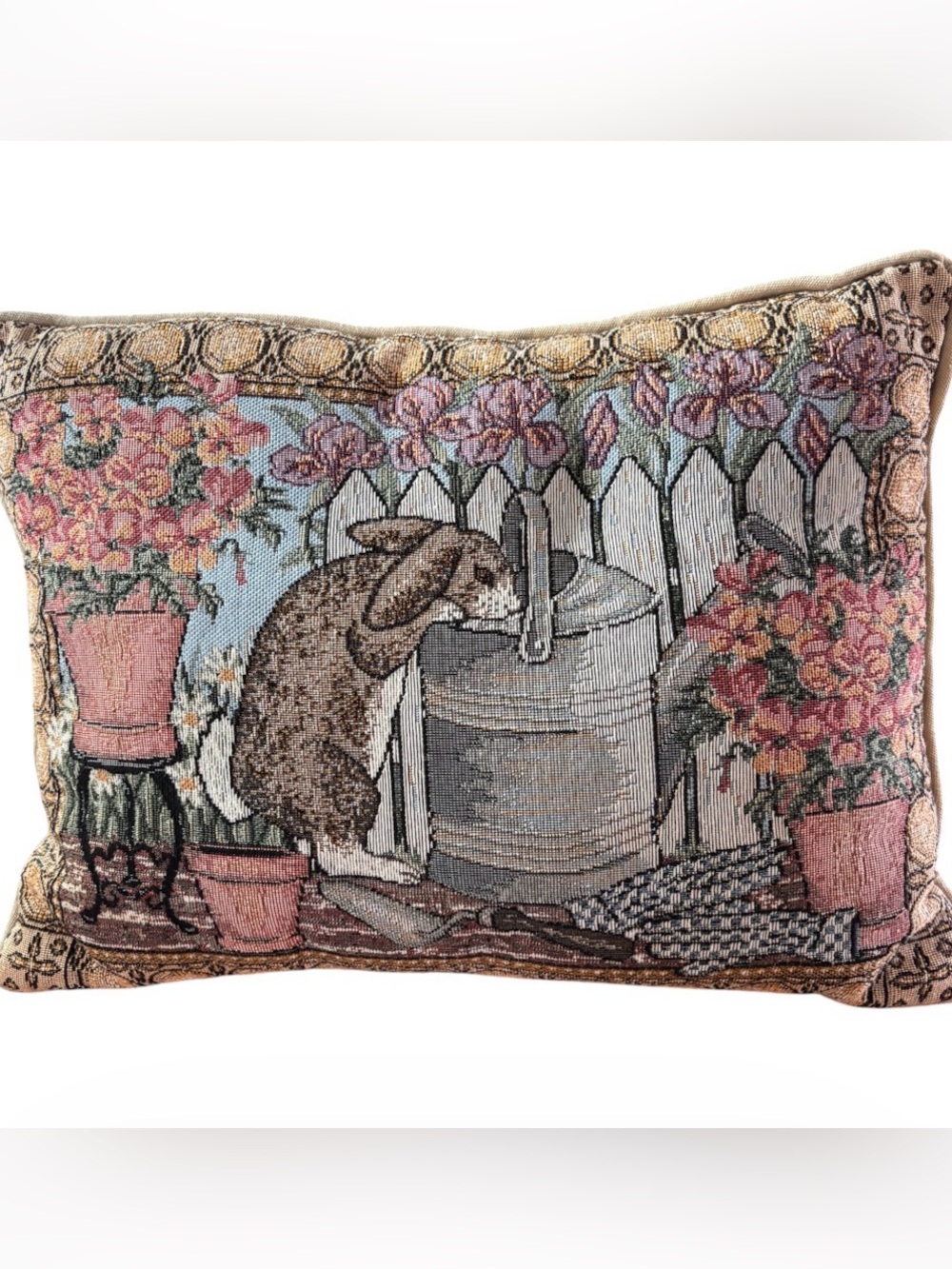 Vintage Tapestry Pillow Bunny Flowers